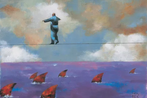 Painting of a man walking along a high-wire over shark-infested waters.